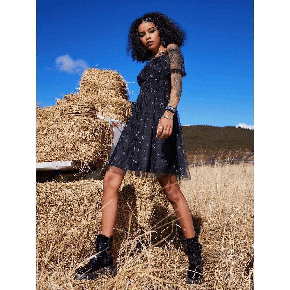 Off Shoulder Goth Witch Moon Print Contrast Mesh Flared Shirred Dress L NWT - Picture 14 of 16